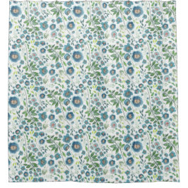 青エレガントティール（緑がかった色）フローラ水色パターン シャワーカーテン