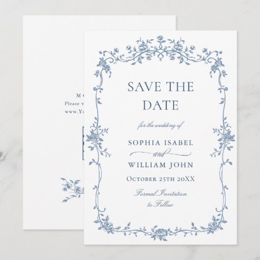 青エレガントトイフランスのルフローラ結婚のQRコード セーブザデート (正面/裏面)