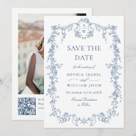 青エレガントトイフランスのルフローラ結婚のQRコード セーブザデート