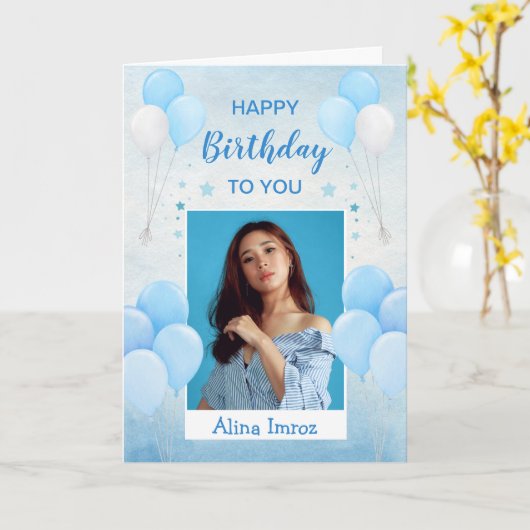 青エレガントハッピーバースデー折りグリーティングカード カード (黄色い花)