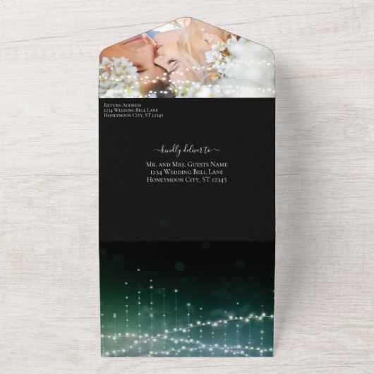 青エレガントハートの葉の木の緑結婚色 オールインワン招待状 (外側)