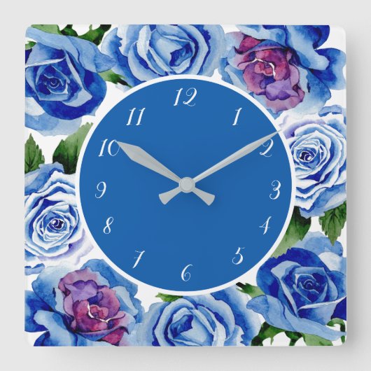 青エレガントバラフローラ装飾 スクエア壁時計 (正面)