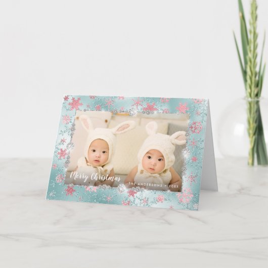 青エレガントバラ金ゴールドの雪のカスタム結晶の写真 カード (正面)