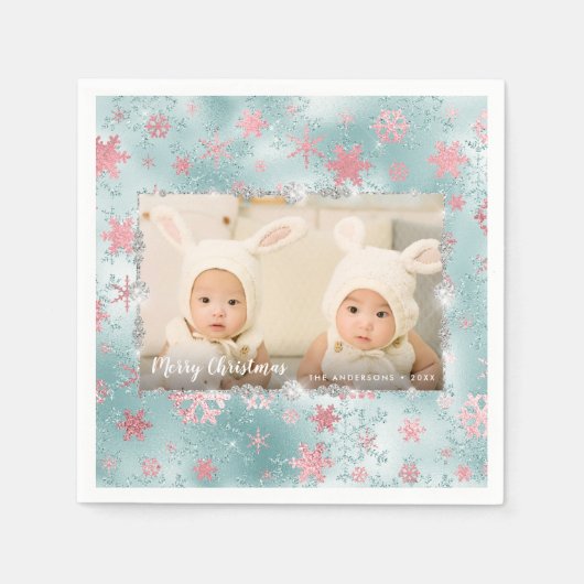 青エレガントバラ金ゴールドの雪のカスタム結晶の写真 スタンダードカクテルナプキン (正面)