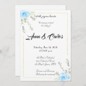 青エレガントパンジーの結婚花の魅力 招待状 (正面/裏面)