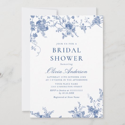 青エレガントビクトリアンフランスのフローラブライダルシャワー 招待状 (正面)
