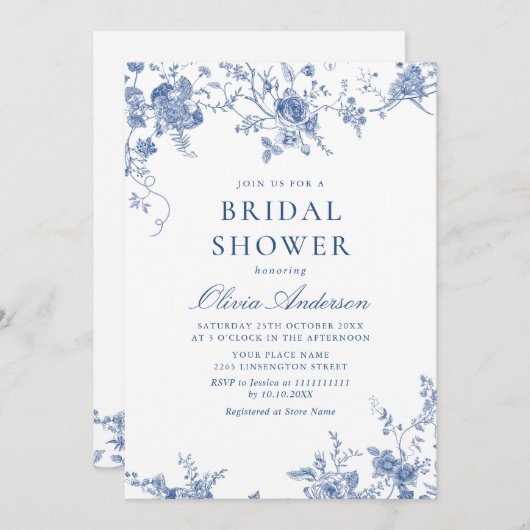 青エレガントビクトリアンフランスのフローラブライダルシャワー 招待状 (正面/裏面)