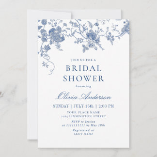 青エレガントビクトリアンフランスのフローラブライダルシャワー 招待状