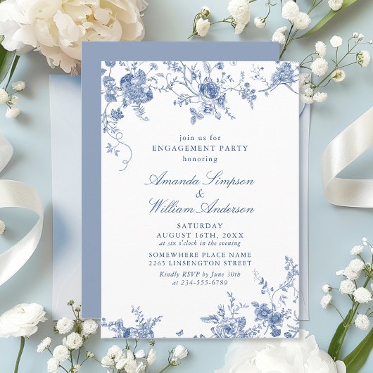 青エレガントビクトリアンフローラ婚約パーティ 招待状