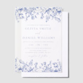 青エレガントビクトリアンフローラ結婚ズ ベラム紙招待状 (オフセット)