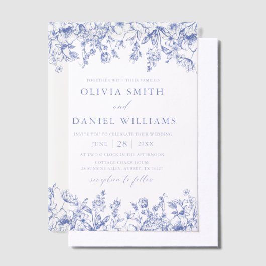 青エレガントビクトリアンフローラ結婚ズ ベラム紙招待状 (オフセット)