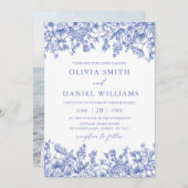 青エレガントビクトリアンフローラ結婚ズ 招待状 (正面/裏面)