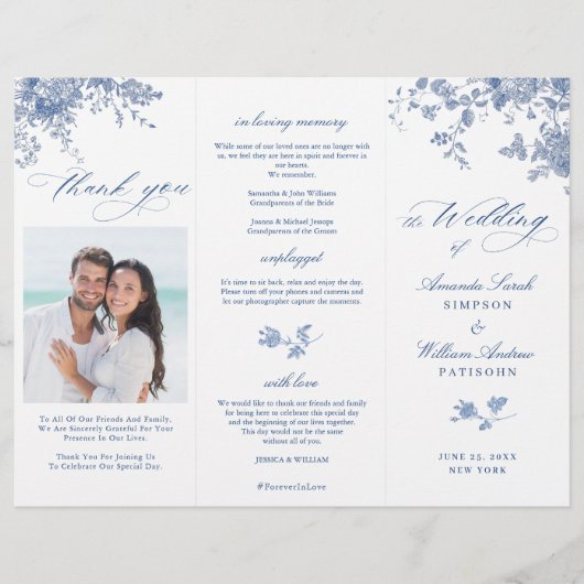 青エレガントビクトリアンフローラ結婚式 プログラム (正面)