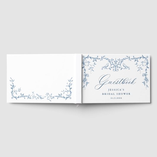 青エレガントビクトリアン華美フローラブライダルシャワー ゲストブック (全面)