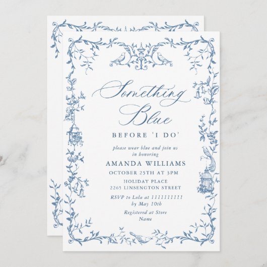 青エレガントビクトリアン華美フローラブライダルシャワー 招待状 (正面/裏面)