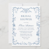青エレガントビクトリアン華美フローラブライダルシャワー 招待状 (正面)