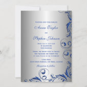 青エレガントフェイク王室のグリッターフローラ渦巻き 招待状 (正面)