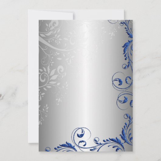 青エレガントフェイク王室のグリッターフローラ渦巻き 招待状 (裏面)