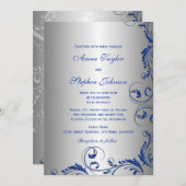 青エレガントフェイク王室のグリッターフローラ渦巻き 招待状 (正面/裏面)