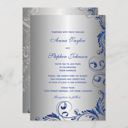 青エレガントフェイク王室のグリッターフローラ渦巻き 招待状 (正面/裏面)