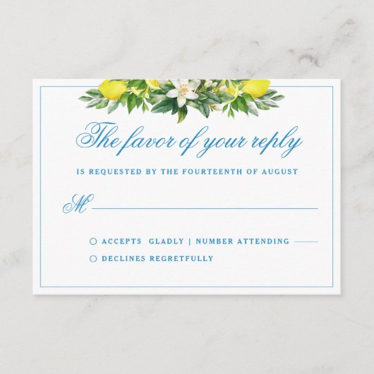 青エレガントフォーマルフローラクレスト結婚式RSVP エンクロージャーカード (正面)