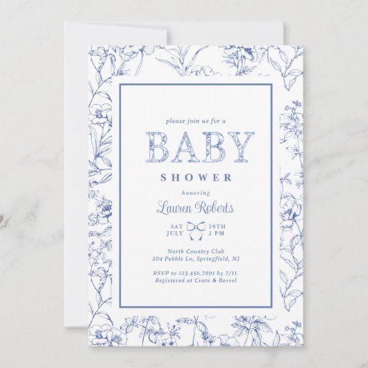青エレガントフランスのと白のフローラ赤ちゃんシャワー 招待状 (正面)