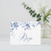 青エレガントフランスのビクトリアンフローラ結婚式RSVP ポストカード (スタンド正面)