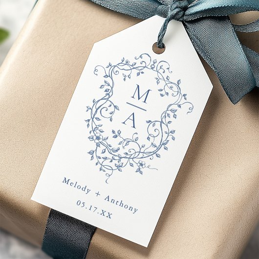 青エレガントフランスのフローラクレスト結婚ズ ギフトタグ