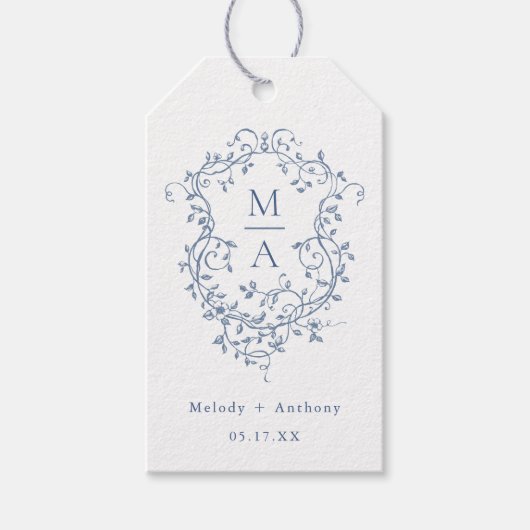 青エレガントフランスのフローラクレスト結婚ズ ギフトタグ (正面)