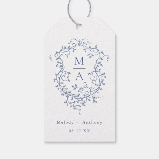 青エレガントフランスのフローラクレスト結婚ズ ギフトタグ (裏面)