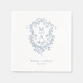 青エレガントフランスのフローラクレスト結婚ズ スタンダードカクテルナプキン (正面)