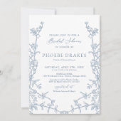 青エレガントフランスのフローラフレームブライダルシャワー 招待状 (正面)