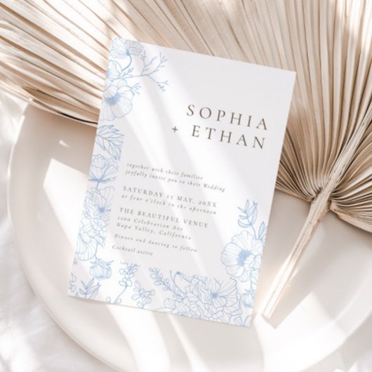 青エレガントフランスのフローララ結婚イン 招待状