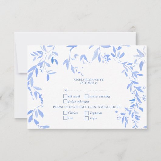 青エレガントフランスのフローラ結婚植物学 出欠カード (裏面)