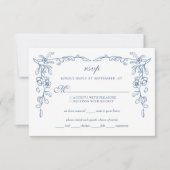 青エレガントフランスのヴィンテージ結婚フローラ 出欠カード (正面)