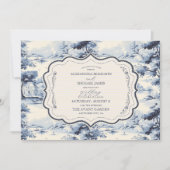 青エレガントフランスのヴィンテージ結婚フローラ 招待状 (正面)