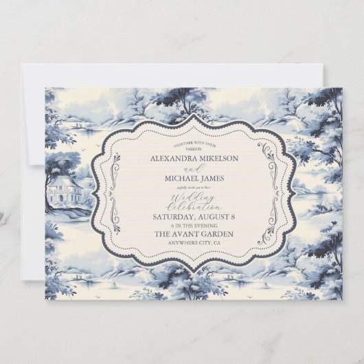 青エレガントフランスのヴィンテージ結婚フローラ 招待状 (正面)