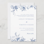 青エレガントフランスのヴィンテージ結婚フローラ 招待状 (正面)