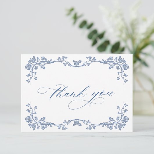 青エレガントフランスの園の花結婚の数 サンキューカード (スタンド正面)