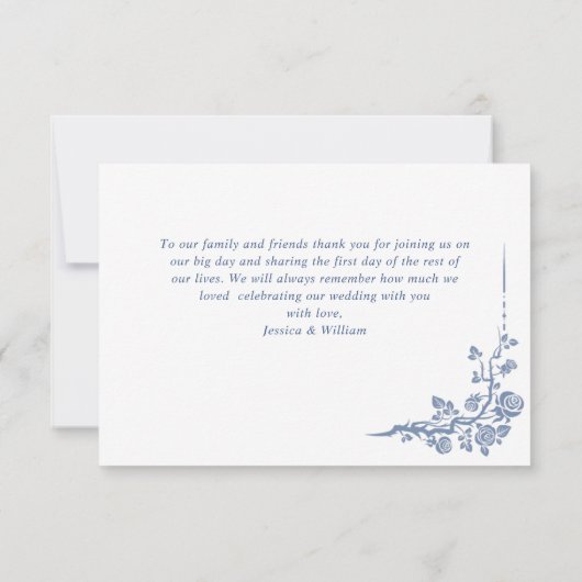 青エレガントフランスの園の花結婚の数 サンキューカード (裏面)