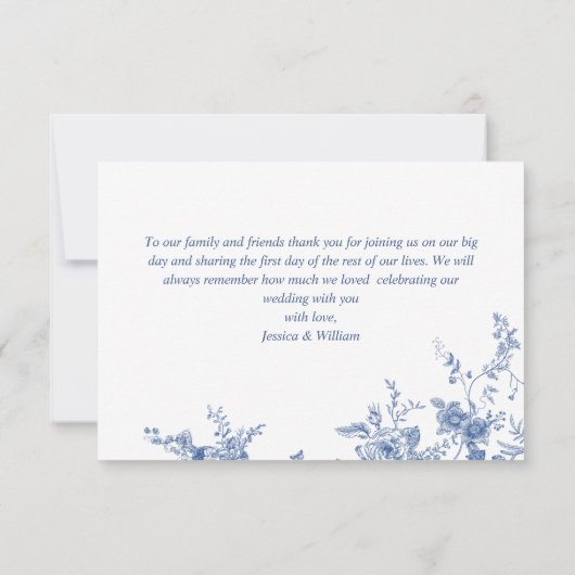 青エレガントフランスの園の花結婚の数 サンキューカード (裏面)