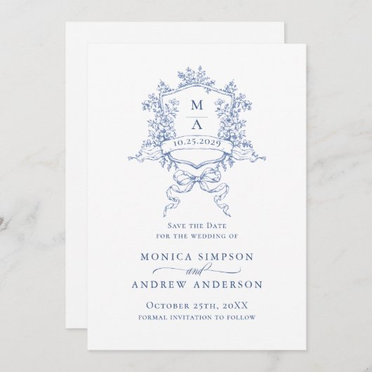 青エレガントフランスの園の花結婚の数 セーブザデート (正面/裏面)