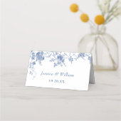 青エレガントフランスの園の花結婚の数 プレイスカード (裏面)