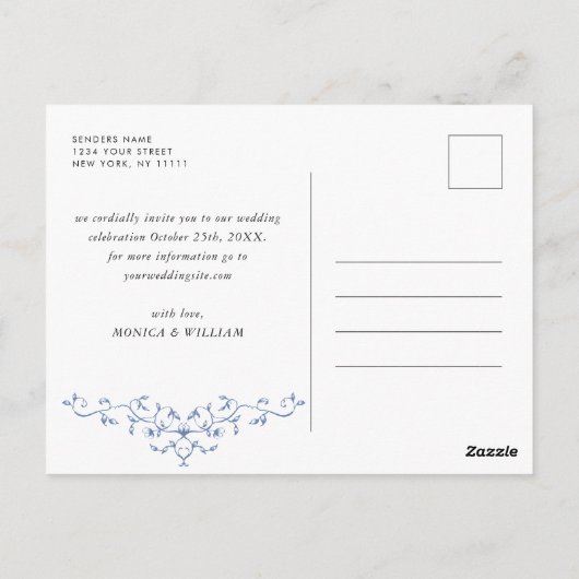 青エレガントフランスの庭園の結婚式保存日 ポストカード (裏面)