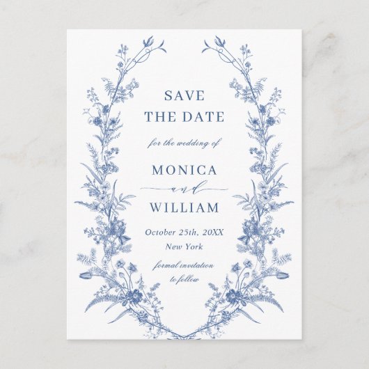 青エレガントフランスの庭園の結婚式保存日 ポストカード (正面)