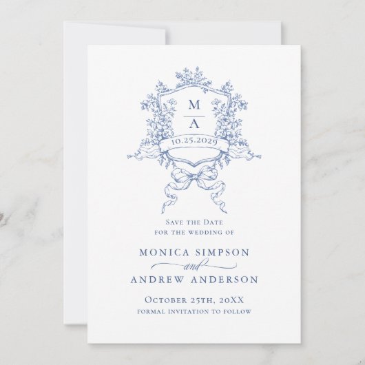 青エレガントフランスの庭園の結婚式写真QRコード セーブザデート (正面)