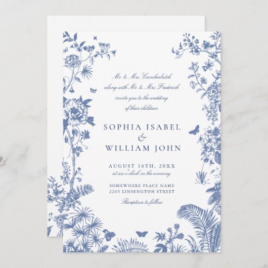 青エレガントフランスの庭園の結婚式 招待状 (正面/裏面)