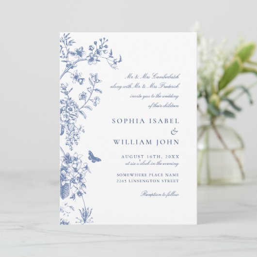 青エレガントフランスの庭園の結婚式QRコード 招待状 (スタンド正面)