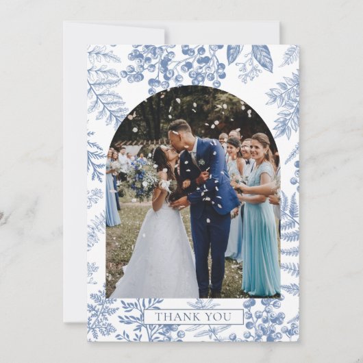 青エレガントフランスの開花結婚フローラ サンキューカード (正面)