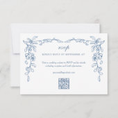 青エレガントフランスのQRコードヴィンテージウェディング 出欠カード (正面)